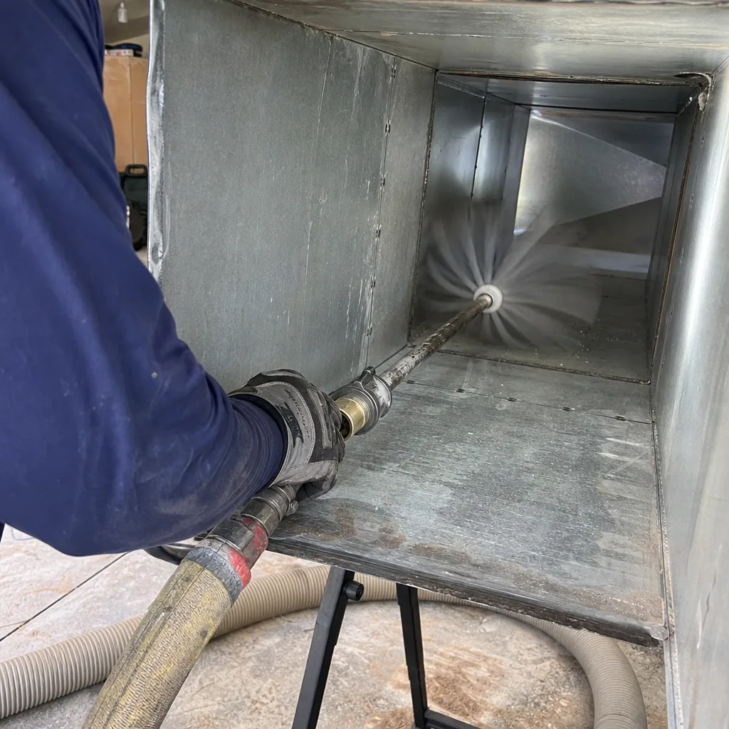 professional technician cleaning residential air duct system with rotating brush