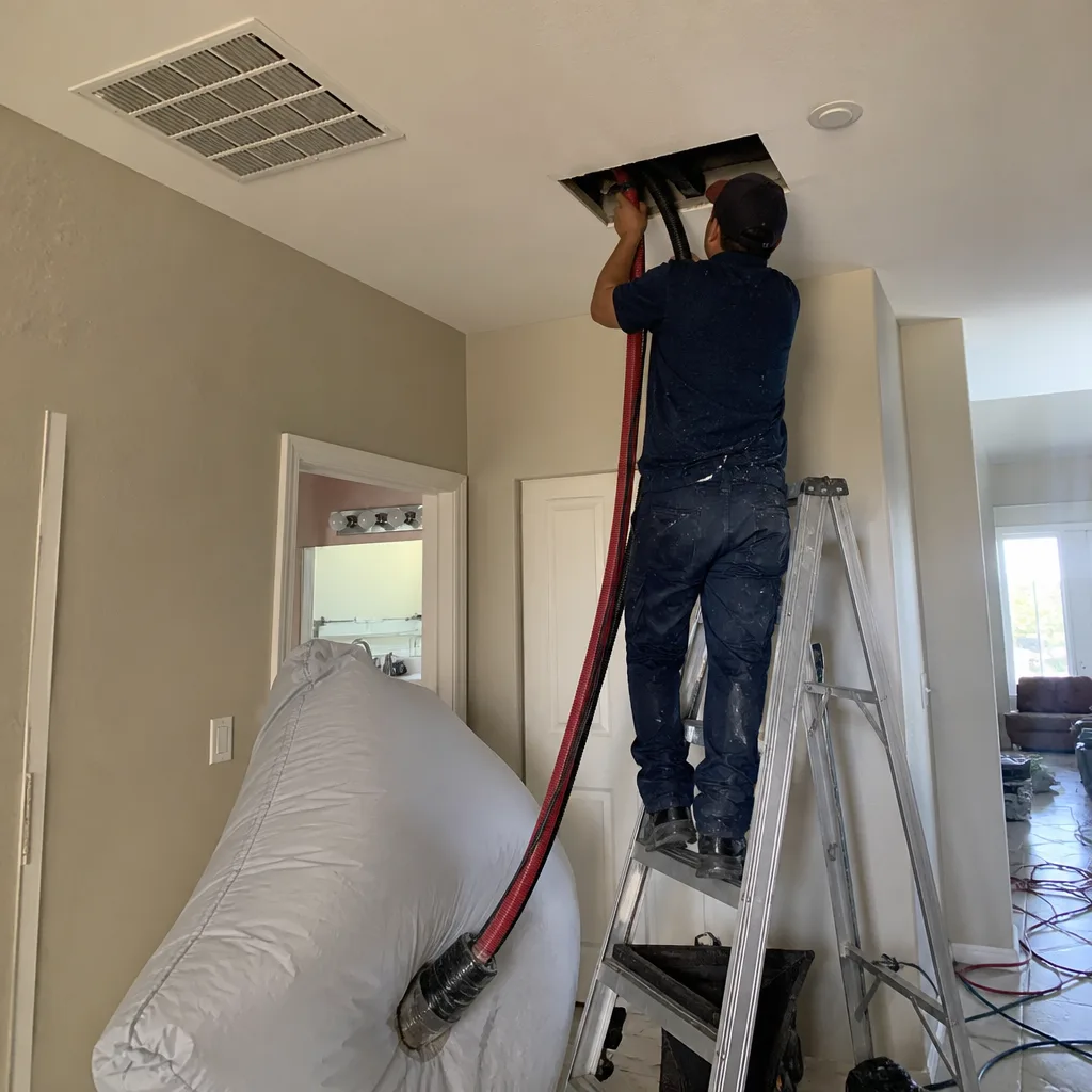 Technician performing professional air duct cleaning service in a home