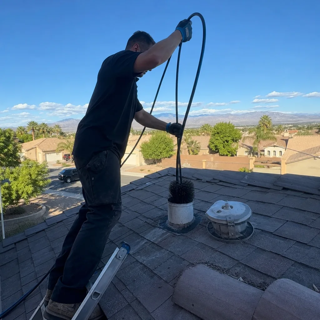 Technician performing professional dryer vent cleaning from a rooftop