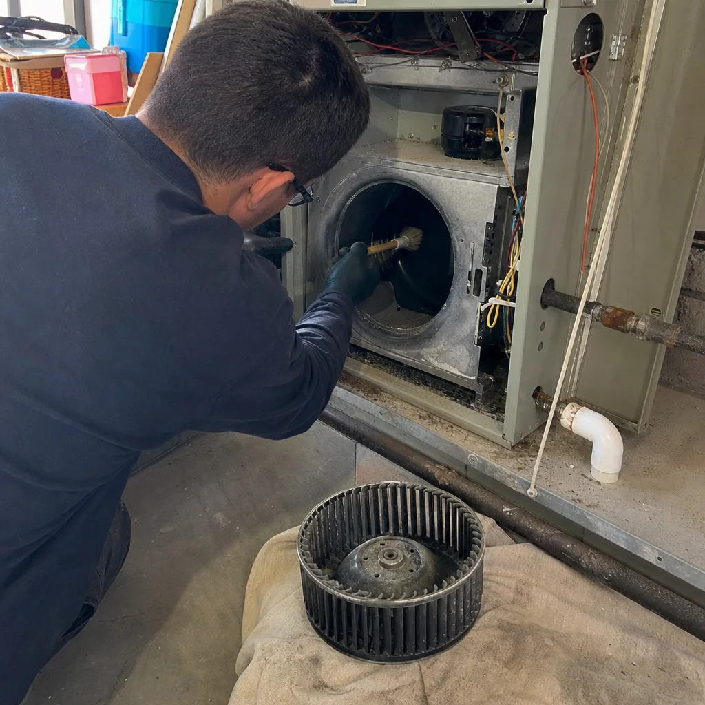 HVAC technician cleaning furnace blower housing with a brush