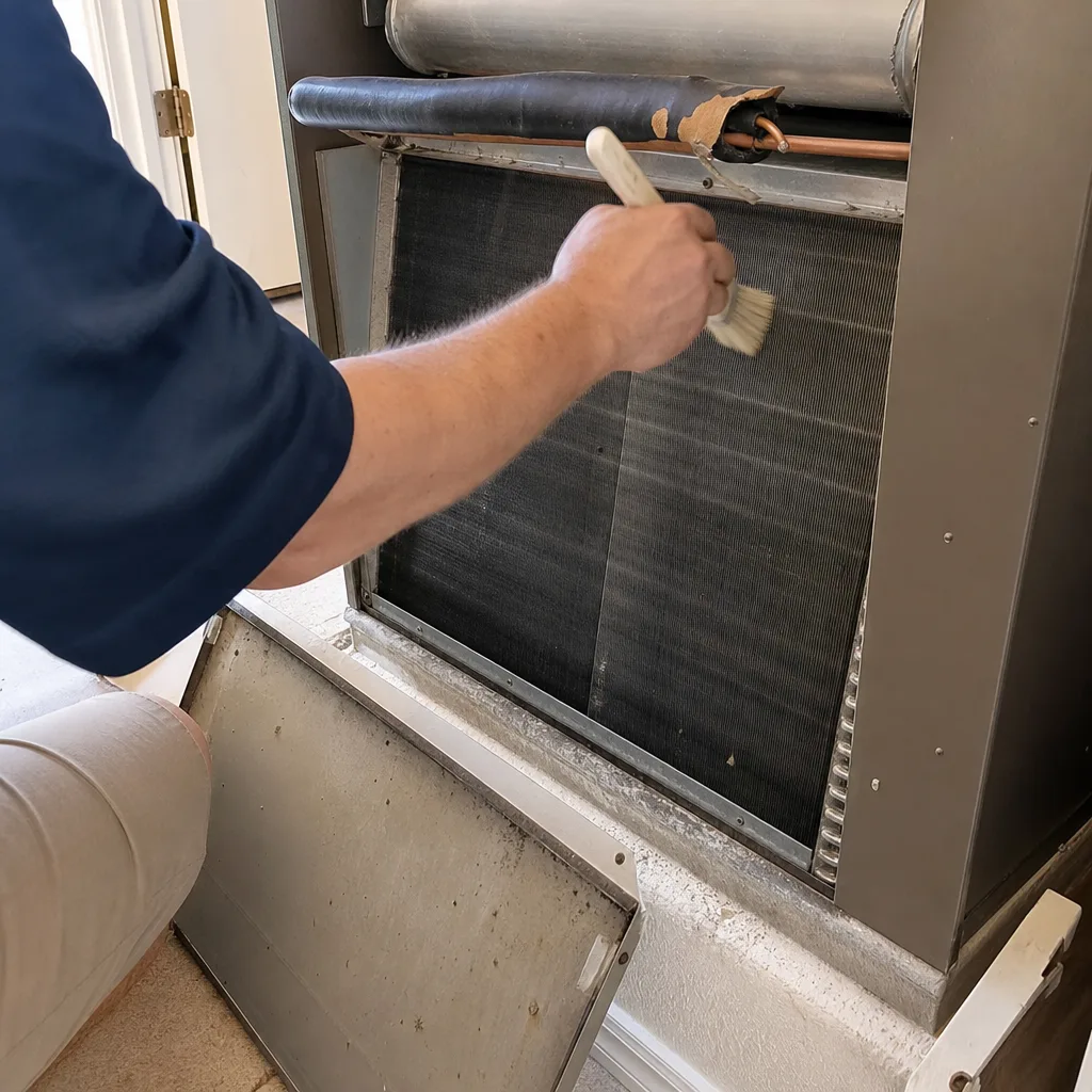 HVAC technician cleaning dusty evaporator coil inside air handling unit